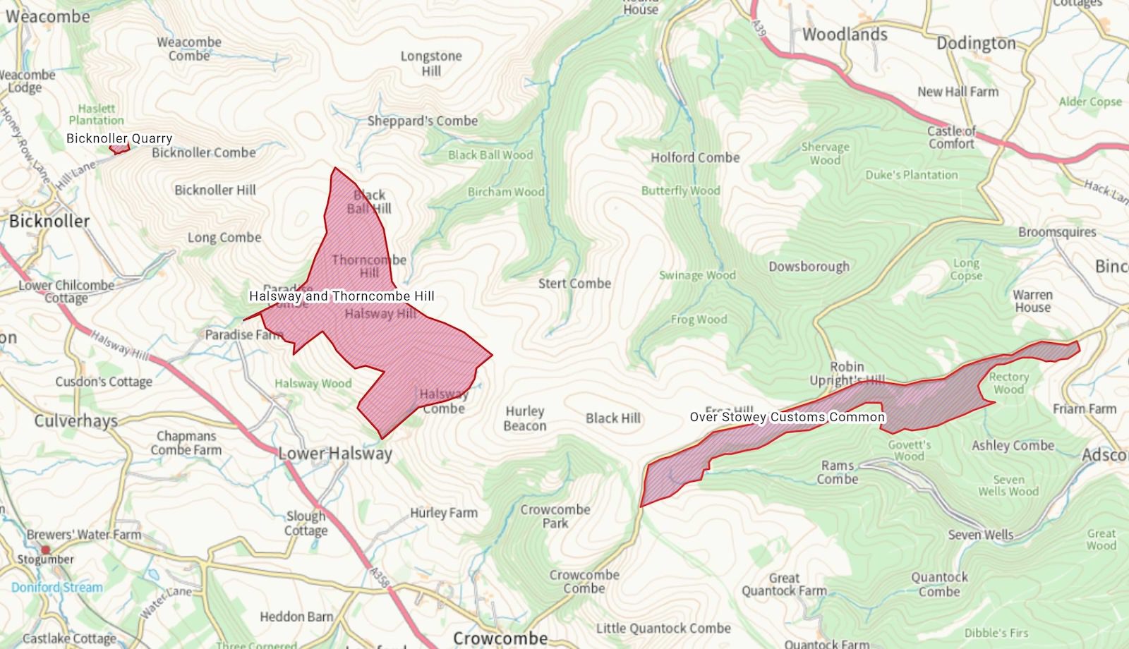 A map showing the land owned by The Friends of The Quantocks.